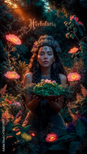 ilustracionrealista de una mujer en medio de la naturaleza sosteniendo hierbas medicinales, rodeada de flores bioluminicentes y unas letras que dicen herbolaria © High dimension