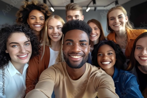 Multicultural happy people taking group selfie portrait in the office  diverse people celebrating together  Happy lifestyle and teamwork concept