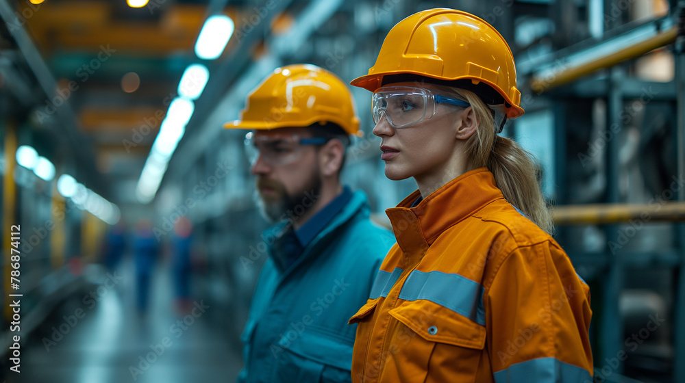 A group of three construction workers standing in front of an industrial construction site
