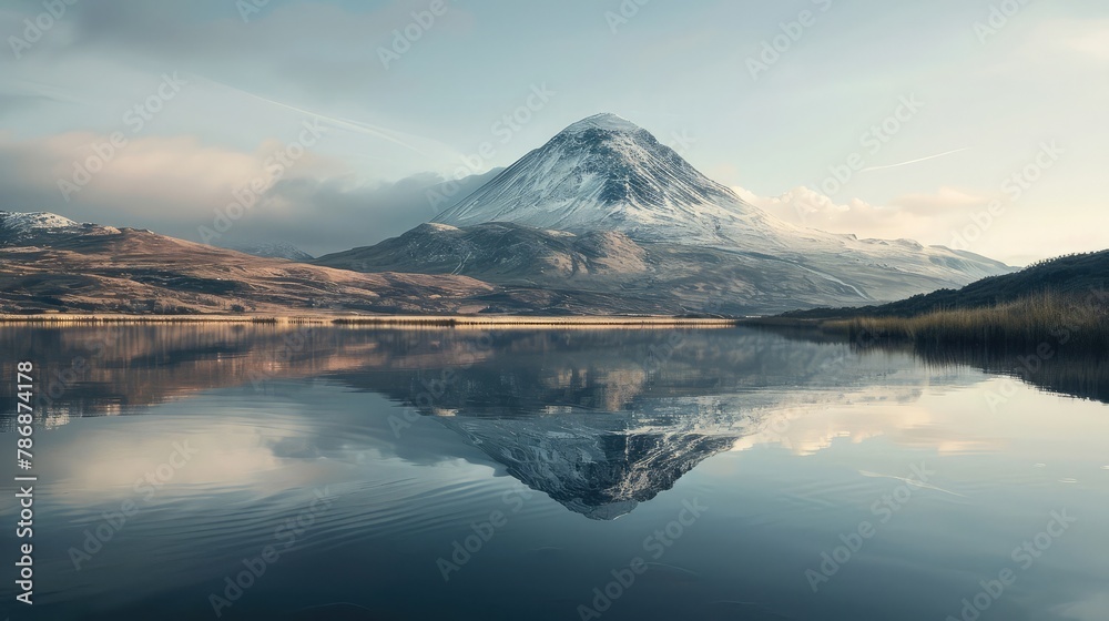 A mountain at a calm lake at morning