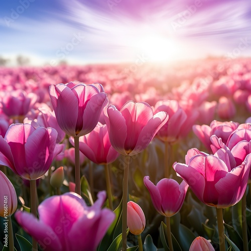 Group of pink tulips in the park agains clouds. Spring blurred background postcard © May