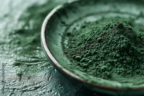 Macro shot of spirulina powder on a green plate. Copy space. Concept: nutritional supplements and healthy lifestyles, product for detox or superfoods.