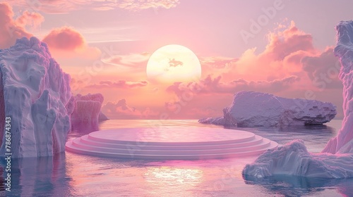 Dreamy light podium in pink sunset scene
