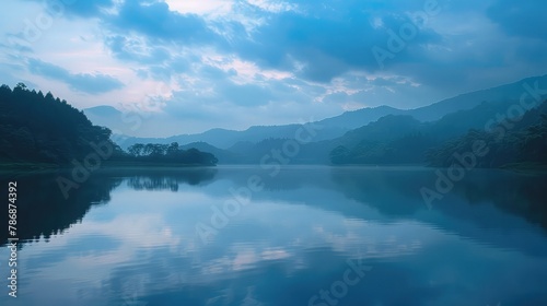 A serene lakescape capturing reflections of clouds and lush greenery on calm water at dusk.