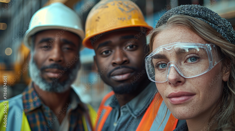A group of three construction workers standing in front of an industrial construction site. A group of three construction workers standing in front of an industrial construction site.