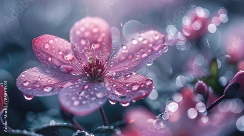 Delicate dewdrops glistening on the petals of a freshly bloomed flower, capturing the essence of morning tranquility in nature's embrace. 8k, realistic, full ultra HD, high resolution, and cinematic