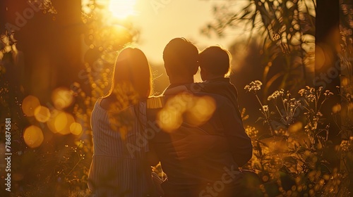 Lovely family silhouette nestling together at sunset, viewed from the back, in a tranquil garden, capturing a moment of serenity, togetherness, and appreciation for nature's beauty.