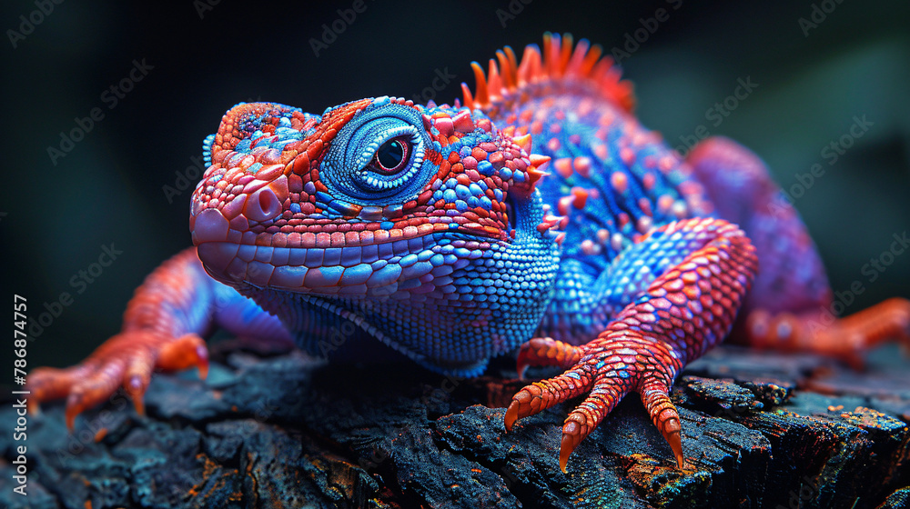 Illustration of vividly collared red and blue lizard - obrazy, fototapety, plakaty 