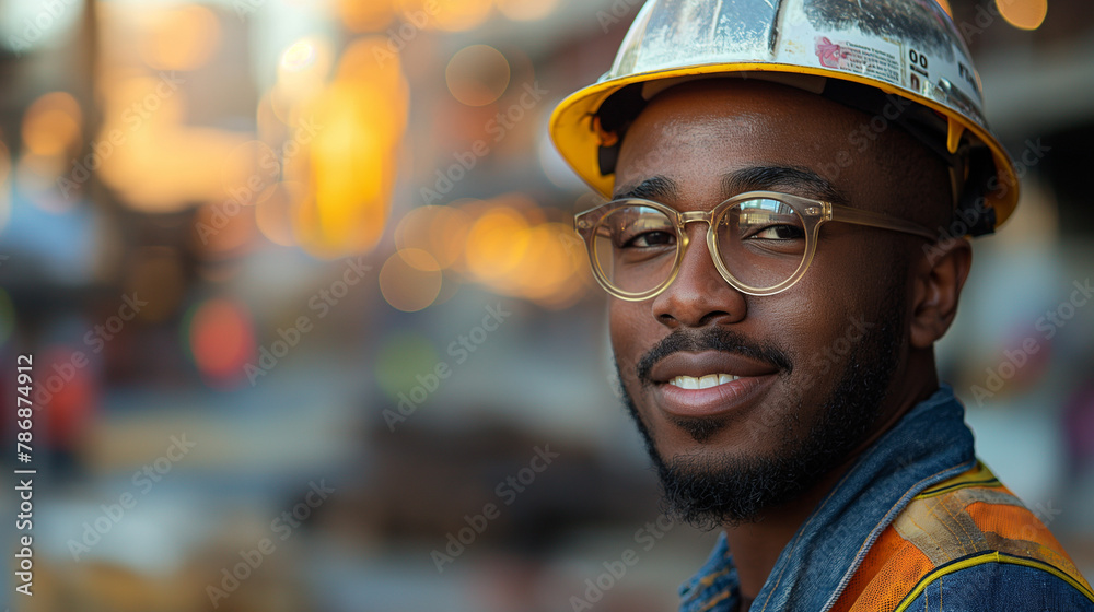 Smiling man with dreadlocks wearing sunglasses and a construction helmet