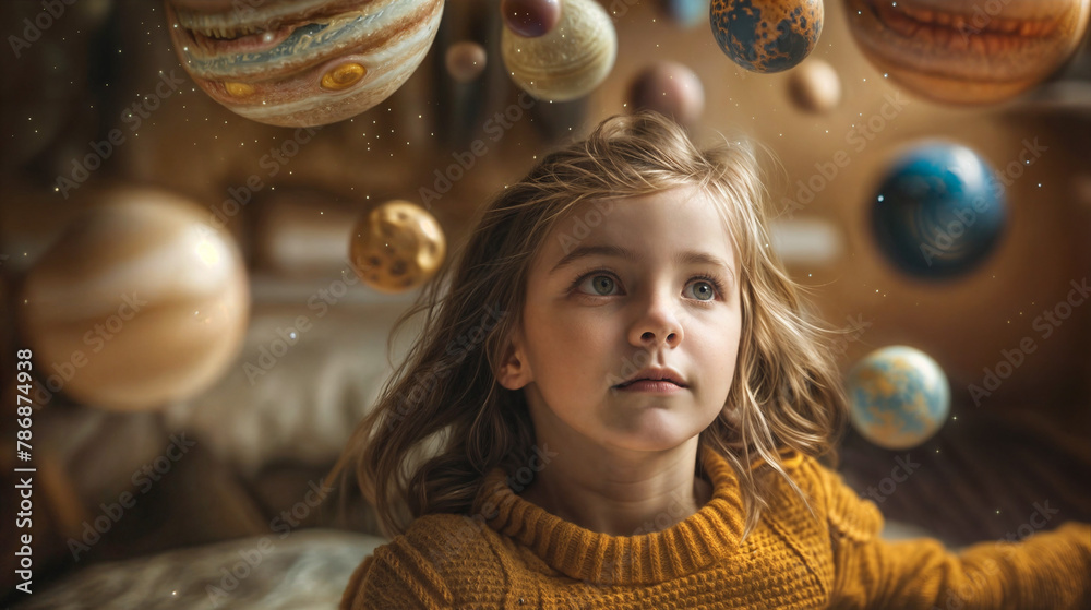 Naklejka premium Planets are flying around the girl in the room. Space system. Wonder of the Galaxy. The universe around the baby's head