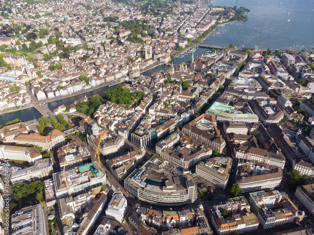 Zurich, Switzerland: Aerial view of Zurich city center with the Limmat river between the historic old town and the business and financial center in Switzerland largest city