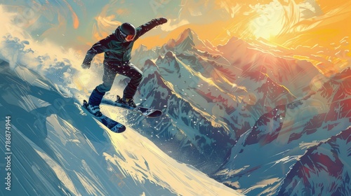 Create a visual narrative of a snowboarder gracefully launching into the air against the backdrop of sunlit mountain peaks photo