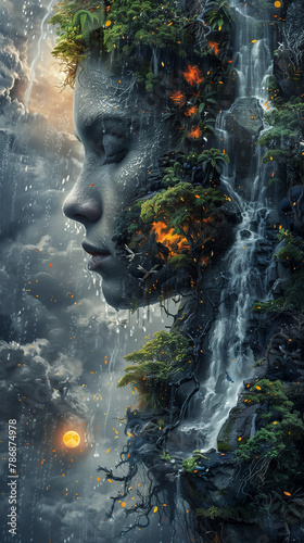 A striking double exposure artwork merges a woman's profile with a serene nature scene, illustrating a cascading waterfall, majestic trees, and a warm sunset. This ethereal image evokes themes 