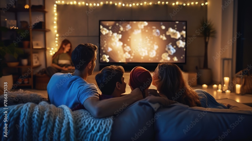 The family gathers in a dark room, sharing the fun and entertainment of watching a television program on a couch. AIG41