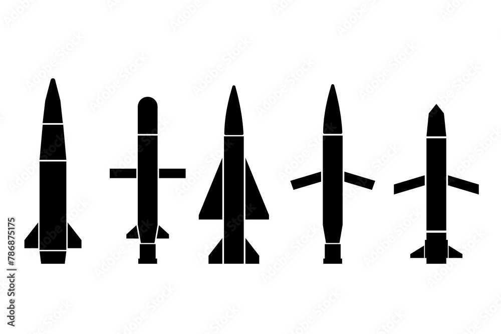 Missiles rocket iconы set. Atomic warhead silhouette. Vector illustration. Missiles rocket iconы set. Atomic warhead silhouette. Vector illustration.