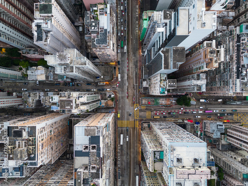 North Point, Hong Kong: Overhead aerial view of a road intersection in the very crowded North Point district in Hong Kong island in China