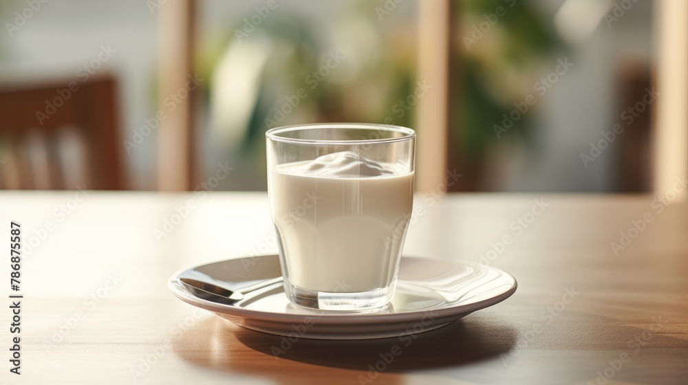 Close up of glass with white yogurt. Fresh drink. Free space for text.