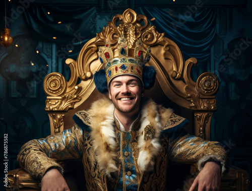 A photo ceremony of an European king, who has a brown mustache wearing a steel crown and a royal mantle, sitting on a throne in a glory pose in the middle of the photo. Generative AI. photo