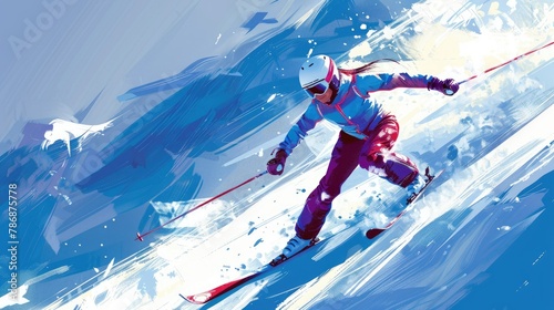 Create an image of a female skier in action at an Amateur Winter Sports ski competition, skillfully maneuvering through the snow-covered landscape