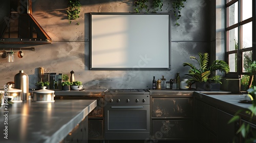 A blank square photo frame in a high-tech kitchen with smart appliances and metallic surfaces  in architectural photography style