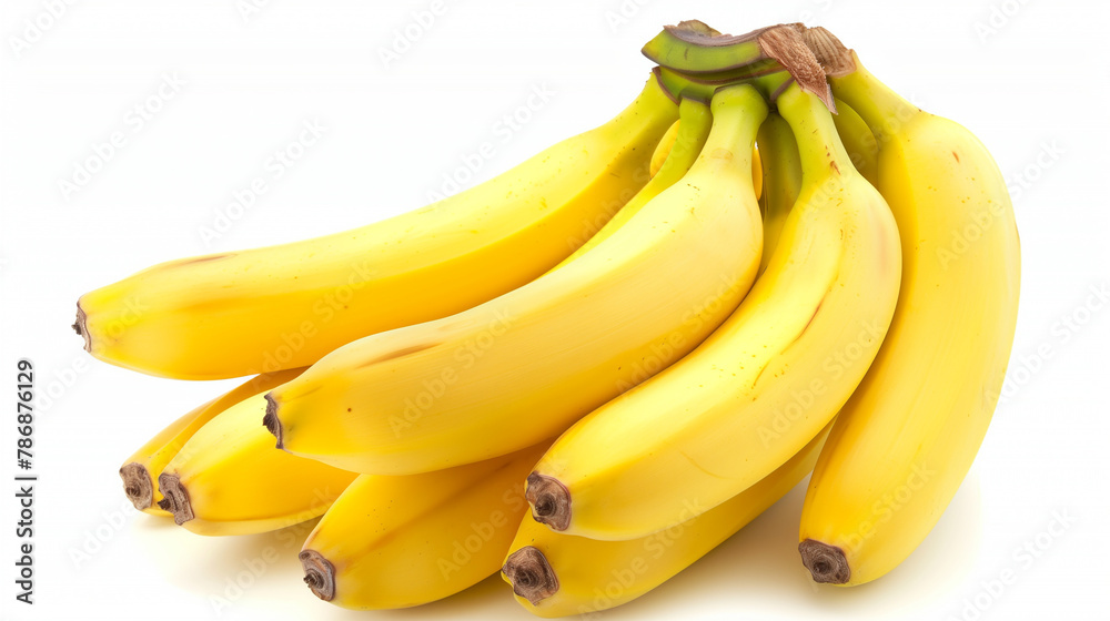 A bunch of ripe bananas exhibits a creamy yellow hue with subtle brown spots, indicative of natural sweetness, perfect for a nutritious snack or culinary creation.
