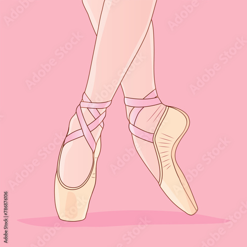 Legs of ballerina in pointe shoes on pink background.
