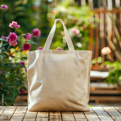 Cotton Tote Bag Mock-Up on Wooden Background, Cotton Bag on Wood Rustic Table Surface