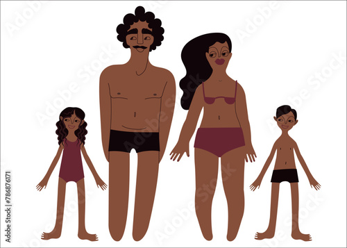 Flat Latino family: man, woman and kids in underwear portraits of different shapes and sizes vector illustration set. Tanned brown skin people with black hair in cartoon style for multinational and