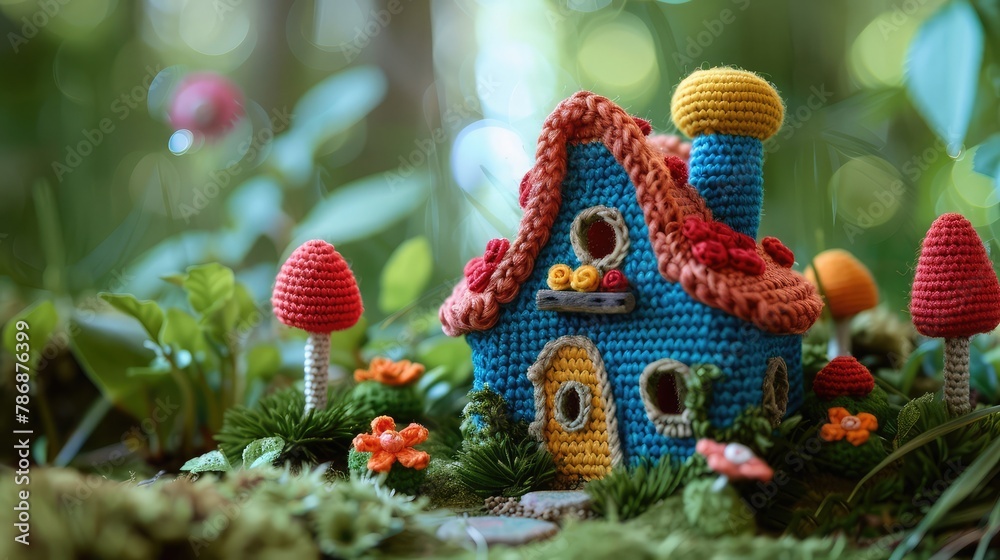 A small toy house knitted from yarn with your own hands.