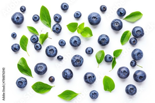 Fresh blueberries with bluberry leaves isolated on white background. Top vew. . photo on white isolated background