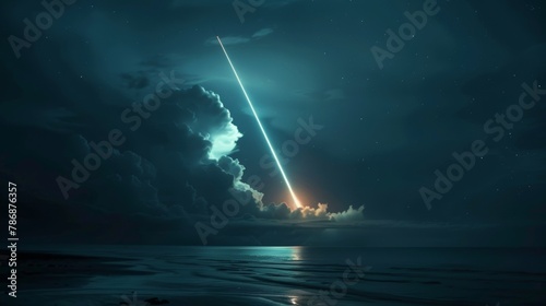 Nighttime scene of a missile launch, its trail illuminating the dark sky with a hint of nuclear threat