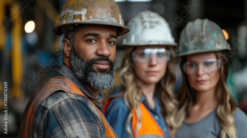A group of three construction workers standing in front of an industrial construction site.