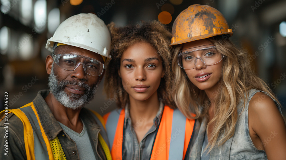 A group of three construction workers standing in front of an industrial construction site. A group of three construction workers standing in front of an industrial construction site.