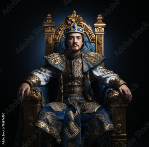 A photo ceremony of an European king, who has a brown mustache wearing a steel crown and a royal mantle, sitting on a throne in a glory pose in the middle of the photo. Generative AI.