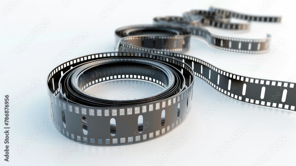 Create an immersive 3D scene featuring a 35mm film strip rendered in detail, isolated on a white background with distinct clippings