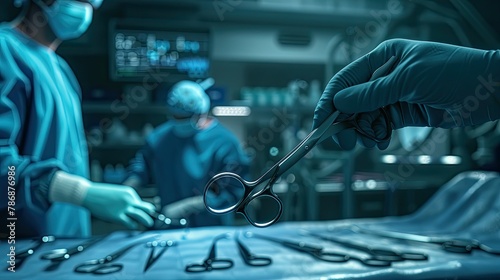 Create an immersive 3D scene featuring a doctor's hand holding medical scissors, showcasing the attention to detail and expertise in surgical instruments. photo