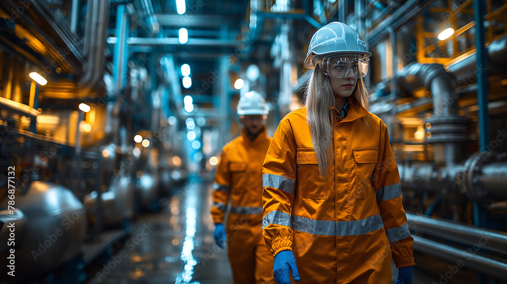 A group of three construction workers standing in front of an industrial construction site A group of three construction workers standing in front of an industrial construction site