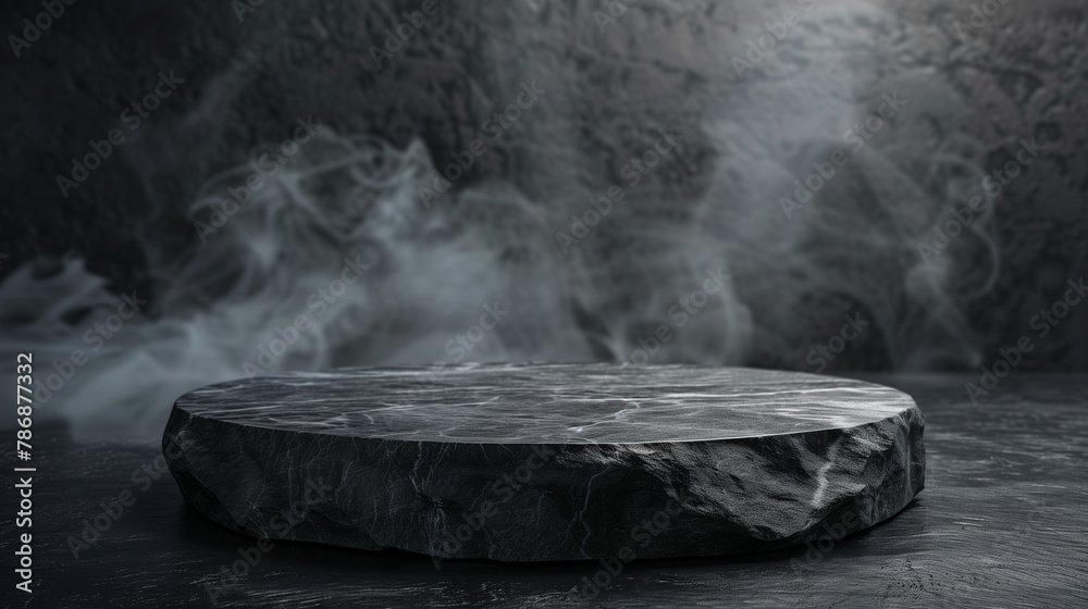 A natural black stone podium enveloped in ethereal mist, set against a dark, textured backdrop, ideal for showcasing premium products with a touch of mystery and elegance.
