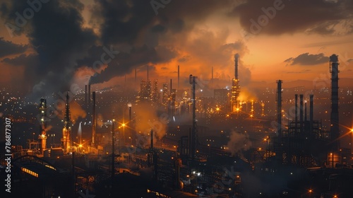 A sprawling industrial complex illuminated by the glow of molten metal and towering stacks emitting plumes of steam, a symphony of industry and technology driving the engine of progress.