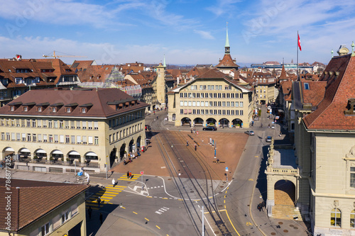 Bern, Switzerland: Aerial view of the Casinoplatz square in Bern old town in Switzerland capital city on a sunny day.