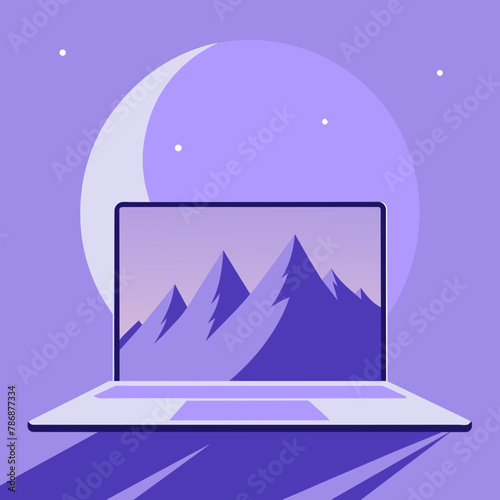 Laptop with mountains and crescent. Vector illustration in flat style