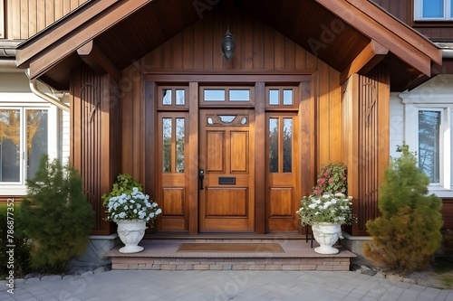 Main entrance door in house with garage and pool for sale