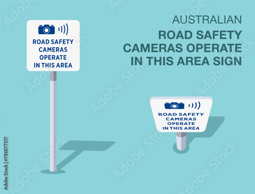Traffic regulation rules. Isolated Australian "road safety cameras operate in this area" road sign. Front and top view. Flat vector illustration template.