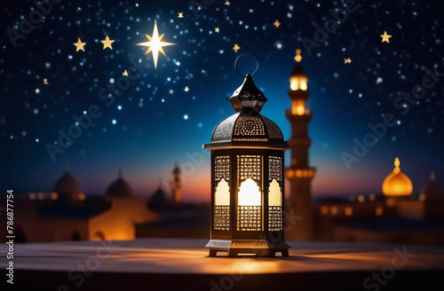 Arabian lantern against the backdrop of the starry sky and the city. Background for your design. Generative AI © Natali