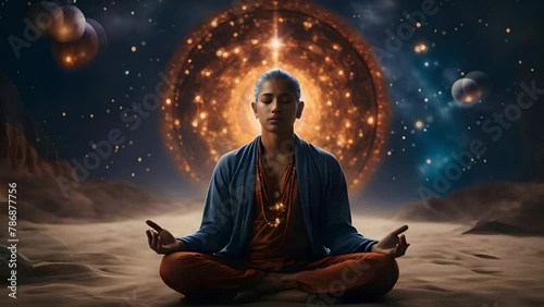 Man meditating in a cosmic setting, surrounded by stars and a glowing celestial body, symbolizing peace and inner harmony, AI generated 4k, loop video.