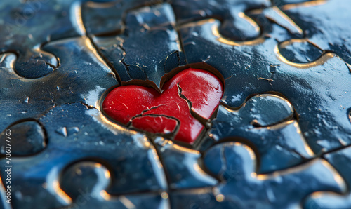 Red puzzle heart on blue puzzle background