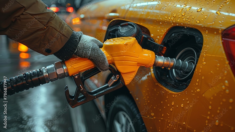 Close-up of a person refueling a yellow car with a gasoline pump at a service station. Hand and yellow refueling gun close-up, Generative AI.