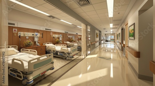 Design a 3D rendering illustrating the lateral perspective of a hospital isolation setting.