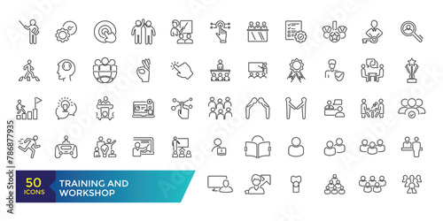 Training and Workshop line icons collection. Big UI icon set. Thin outline icons pack. Linear busines simple symbol collection.