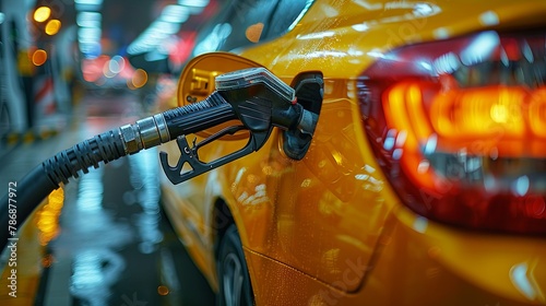 Close-up of a yellow car being refueled by a gas pump at a service station. yellow gas pump close-up, Generative AI. photo